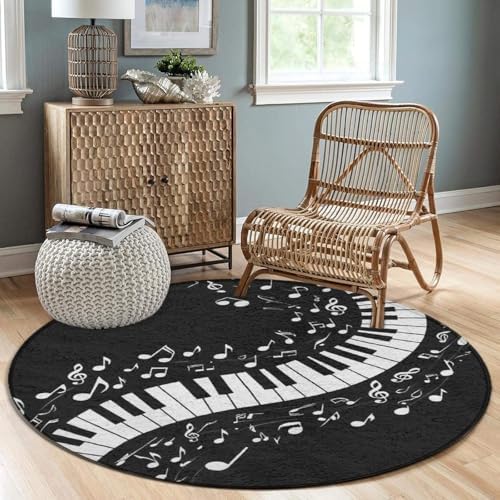 Soft Round Yoga Carpet, Office Chair Decor Round Mat for Carpet and Hardwood Floors Piano Music Notes Gift Black and White