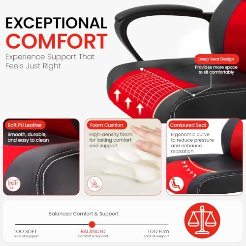 Gaming Chair Ergonomic Office Chair Racing Desk Chair Massage PU Leather Adjustable Chair with Lumbar Support Headrest Armrest Task Rolling Swivel Computer Chair for Adults(Red)