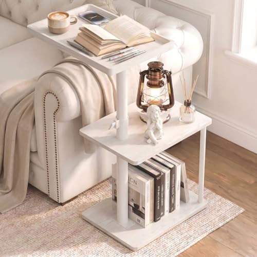 Faesun C Table End Table Adjustable Height, 360°Swivel TV Tray Table for Small Spaces, Small Nightstand for Living Room, Bedroom, White