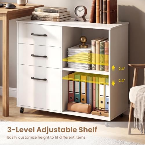 Giantex 3-Drawer Mobile File Cabinet, Rolling Printer Stand with Open Storage Shelves, Under Desk Lateral Filing Cabinet for Letter/A4 Size, Wooden Office Organizer with Wheels for Home Office (White)