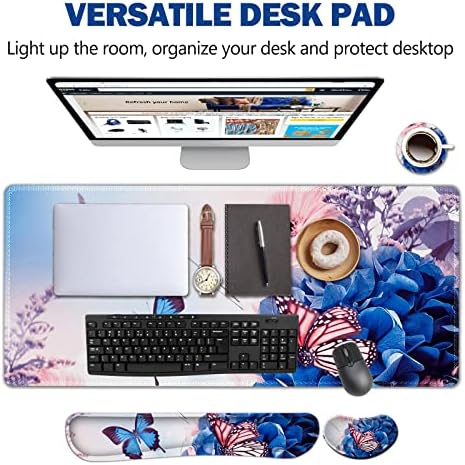 AIMSA Large Gaming Mouse Pad Set, Keyboard Wrist Rest Support Mouse Pad, Ergonomic Memory Foam Multifunctional Extended Desk Mat 35x15.7in Anti-Slip Rubber Base for Office Home, Butterfly Flower