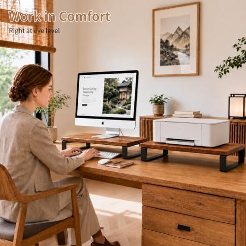 XINYAO 2 Pack Monitor Riser for Desk, Wood and Steel, 16*12*3 inch, Brown