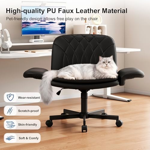 Misolant Criss Cross Chair with Armrests & Wheels for Cross-Legged Sitting, Comfortable PU Leather Vanity Chair, Office Desk Chairs with Adjustable Rocking Function, for Home, Bedroom Black