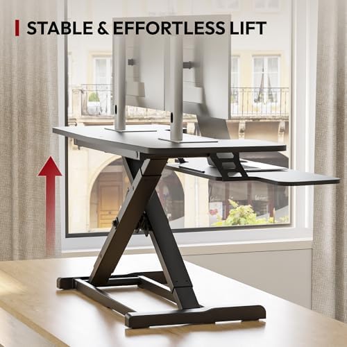 SANODESK 40" Desk Converter, Height Adjustable Sit to Stand Riser, Dual Monitor and Laptop Workstation with Wide Keyboard Tray, Modern Minimalist Design, Black