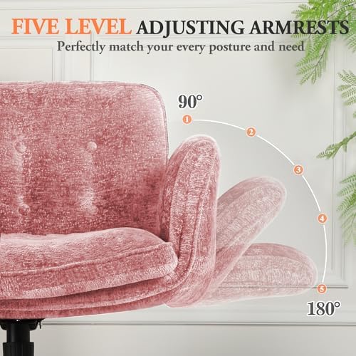 Criss Cross Chair with Wheels & Arms, Chenille Cross Legged Office Chair with 5-level Folding Armrest, Comfortable Adjustable Swivel Vanity Chair for Home, Make Up, Bed Room, Office, Accent (Pink)