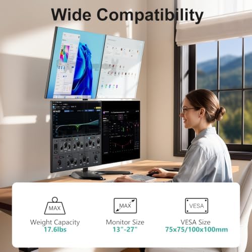 WALI 4 Monitor Stand for 13-27 inch Computer Screens up to 17.6lbs,Adjustable Quad Monitor Mount, Free Standing 4 Monitor Mount Full Motion with Tilt, Rotation, VESA Mount 75/100mm (MF004), Black