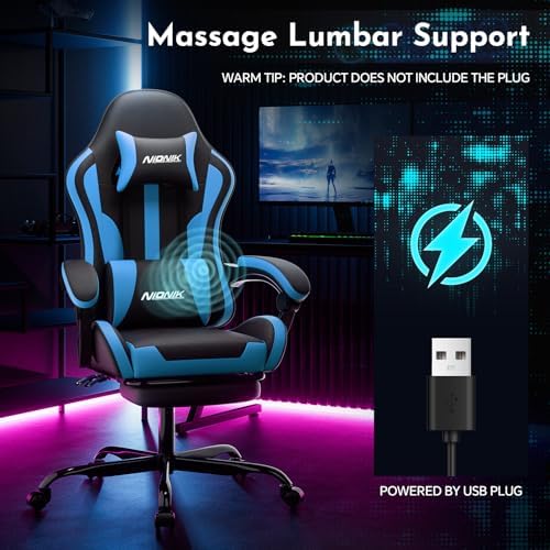 Gaming Chair, Ergonomic Computer Chair with Footrest and Lumbar Support, Height Adjustable Game Chair with 360°-Swivel Seat and Headrest and for Office or Gaming BlackBlue