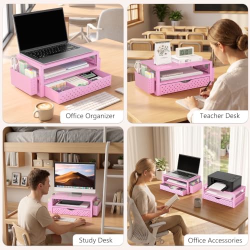 WALI Desk Organizer with Drawer and Pen Holder, 3 Tier Computer Monitor Stand for Home Office Supplies, Laptop Stand Riser for Computer, Laptop, Printer(PTT004-P), 1 Pack, Pink