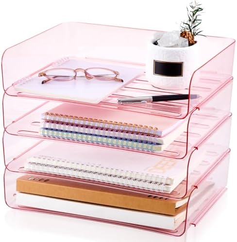 Harloon 4 Tier Paper Organizer Clear Pink Letter Tray Acrylic File Tray