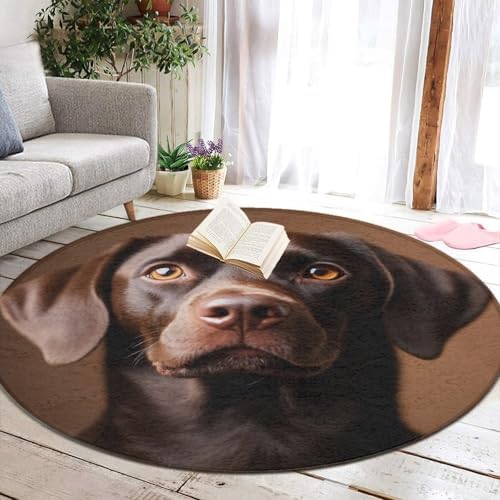 Soft Round Yoga Carpet, Large Home Decor Mat, Non Slip Machine Washable Kitchen Office Circle Rug Chocolate Lab Brown Labrador Dog Print