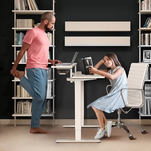 AVLT 47″ Electric Standing Desk with Dual-Tier Shelf & Tablet Holder White