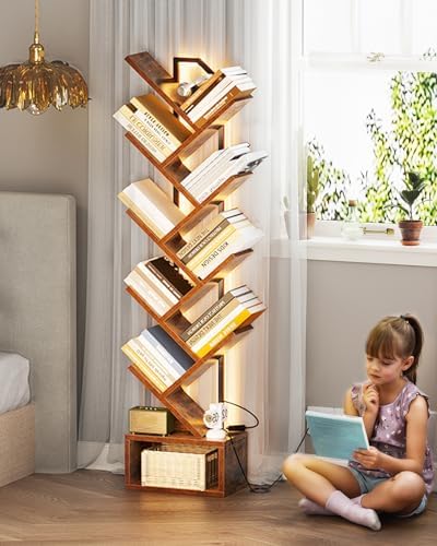 Casaottima Tree Bookshelf with LED Lights, 8-Tier Small Bookshelf, Vintage
