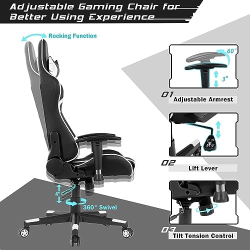 DORTALA Ergonomic Gaming Chair, High-Back Racing Chair w/Massage Lumbar Support, Extra Power Bank Pocket, 360° Swivel, Adjustable Backrest & Armrest, for Office, Game Room (White)
