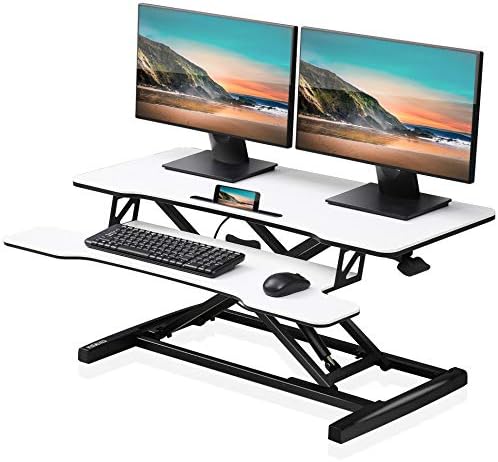 FITUEYES Height Adjustable Standing Desk 36” Wide Sit to Stand Converter Stand Up Desk Tabletop Workstation for Laptops Dual Monitor Riser White SD309103WW