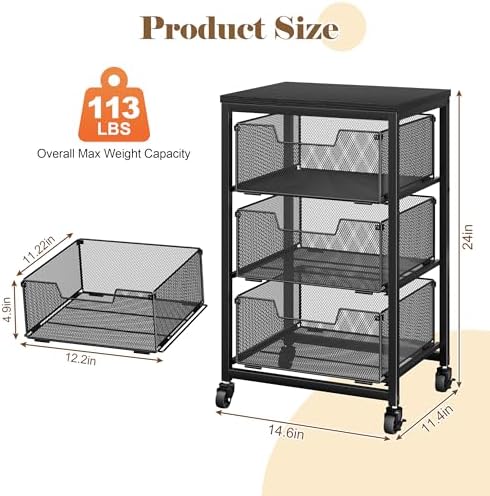 Under Desk Storage Cart with Lockable Wheels, 3-Drawer Rolling Storage Cart, Metal Utility Cart with Drawers for Art, Cart, Classroom, Office, Kitchen, Bedroom, Dorm Storage Under Bed