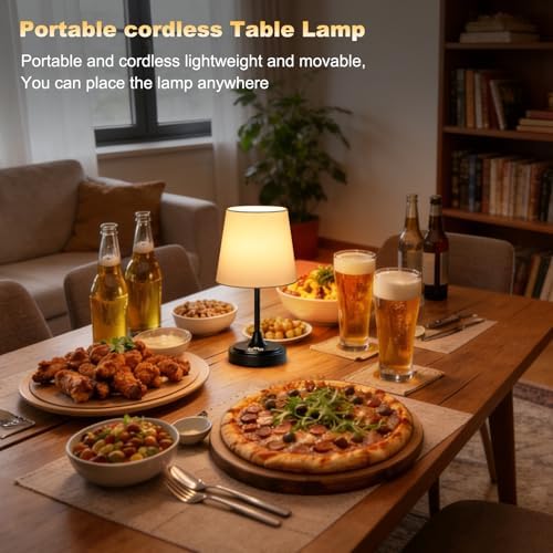Wowag Small Cordless Table Lamp Rechargeable,5000mAh Battery Operated Desk Lamp,3 Colors & 7 RGB Stepless Dimmable,Touch Ambient Light for Bedside,Bedroom,Dining Room,Living Room,Black,WhiteShade