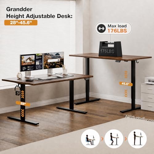 Grandder 55x32 Large Electric Standing Desk, Height Adjustable Computer Desk with 2 Memory Presets, 31.5" Deep Desktop Sit Stand Desk Home Office Desk Workstation Table with Hooks, Walnut