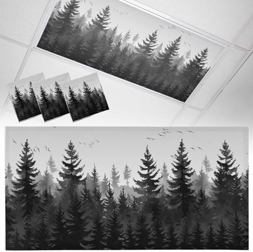 Forest Magnetic Fluorescent Light Covers for Ceiling Lights 2 x 4 Feet, Rustic Grey Foggy Pine Tree Anmal Birds Office Classroom Kitchen Drop Ceiling Light Covers Lighting Filters Shade Panel 3 Packs