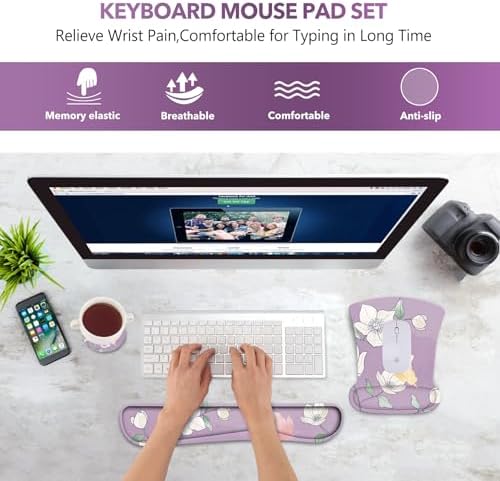 AIMSA Ergonomic Mouse Pad with Wrist Rest and Keyboard Wrist Rest, Ergonomic Memory Foam Wrist Support for Mouse and Keyboard, Easy Typing, Pain Relief, Purple Flower