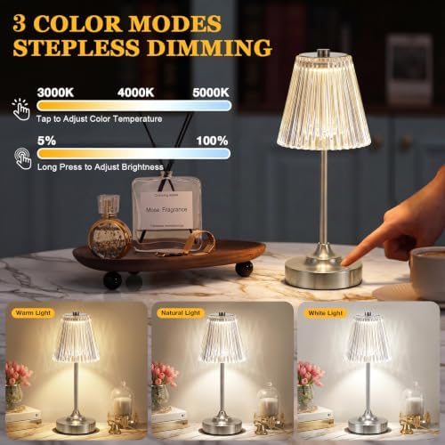 Silver Cordless Rechargeable Table Lamp, Touch Battery Powered Lamp, 3 Color Modes, Crystal Acrylic Lampshade, Portable Ambient Night Light for Desk, Bedroom, Living Room, Dining Room, Kitchen, Bar