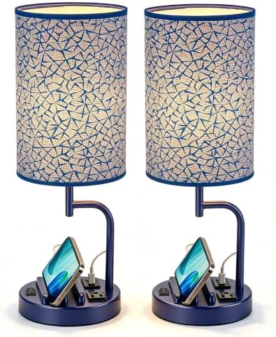 Dreamholder 2 Pack Table Lamp, Bedside Lamp with 3 USB Charging Ports & AC Outlet, USB Desk Lamp with 2 Phone Holders, Linen Fabric Shade Nightstand Lamps for Bedroom Living Room Office, Blue