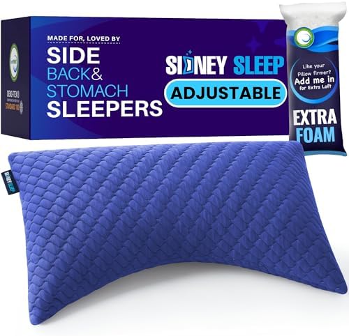 Sidney Sleep Adjustable Bed Pillow for Neck and Shoulder Support with Extra Shredded Fill - Cervical Contour Pillow for Side and Back Sleepers. Standard Size 19" x 26" CertiPUR-US Certified (Blue)