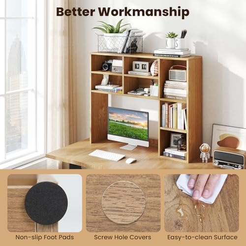 Giantex Desktop Bookshelf, Desk Hutch Dorm w/ 7 Cubes & 3 Adjustable Shelves, Desk Shelf for Up to 27" Computer Monitors, Wooden Desktop Storage Organizer for Dorm College Office Homem, Natural