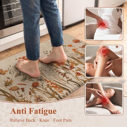 KIMODE Fall Kitchen Mats Cushioned Anti Fatigue, Orange Boho Farmhouse Rugs