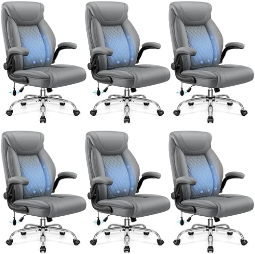 BestGlory Executive Office Chair with Lumbar Support, Big and Tall Ergonomic Computer Desk Chair, Leather Comfy High Back Gaming Chair with Flip Up Arms & Rocking Function for Home Office, Gray