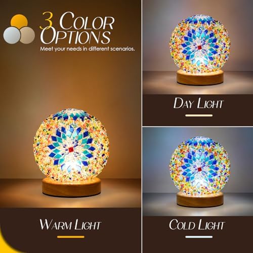 Turkish Mosaic Lamp, 3 Color Temperature Tiffany Bedside Lamp with USB Power, Moroccan Glass Lantern Table Lamp for Living Room Decor, Simple Control (D:4.7" x H:5.2") (Blue1)