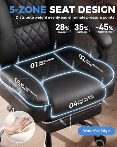 GTPLAYER Executive Office Chair Big and Tall Leather Gaming Chair with Pocket Spring Cushion & Ergonomic Lumbar Support for Lower Back Pain Relief, Comfy Desk Chair with Footrest, Matte-Black