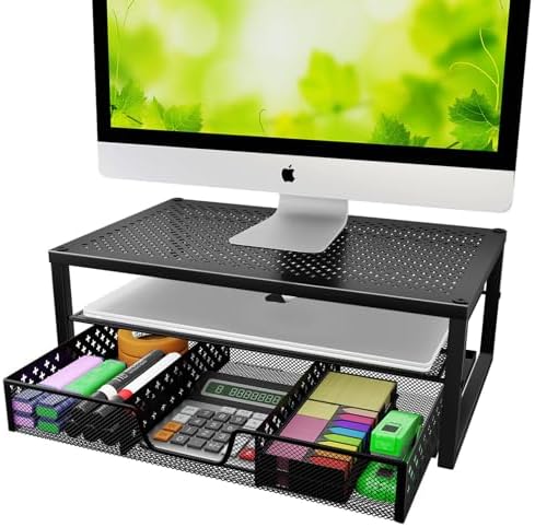 Simple Trending Metal Monitor Stand Riser and Computer Desk Organizer with Drawer for Laptop, Computer, iMac, Black
