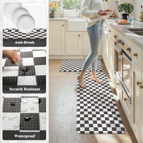 KIMODE Anti Fatigue Kitchen Mat for Floor, Checkered Kitchen Rugs Sets of 2