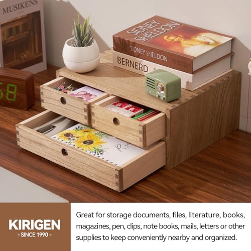 KIRIGEN Wood Desk Organizer with 3 Drawers, Desktop Storage Brown 23-DBR