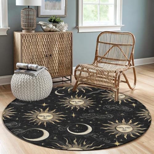 Room Sofa Yoga Soft Round Carpet, Home Decor Non Slip Kitchen Office Circle Rug, Machine Washable Modern Round Area Rug Mystical Magical Cosmic Astrology Sun Crescent Moon Stars Gold Black Art