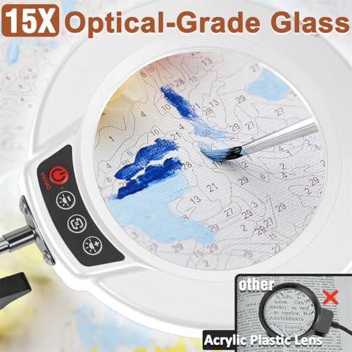 LANCOSC 15X Magnifying Glass with Light and Stand, 3-in-1 Adjustable Swing Floor Lamp, 5 Color Modes Stepless Dimmable, LED Lighted Hands Free Magnifier & Clamp for Reading, Crafts, Painting - White