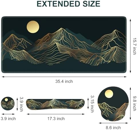 iCasso Large Mouse Pad, 4in1 XXL Mousepad + Keyboard Wrist Rest+Mouse Wrist Rest+Coaster Set with Ergonomic Design for Computer(Cyan-Mountain)
