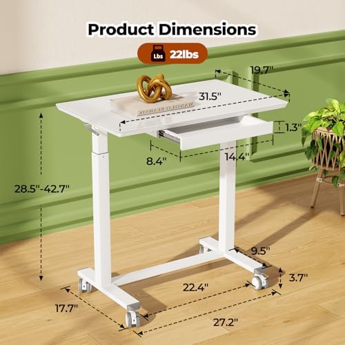 Gibbon Mounts 32inch Glass Standing Desk, Small Rolling Table with Drawer