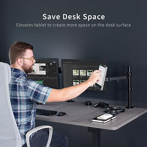 VIVO Universal Tablet Desk Mount, Single Arm Adapter for 2-in-1 Laptops, Holds up to 15.6 inch Portable Monitors Without VESA Holes, Fully Adjustable Stand, Black, STAND-V001UVM