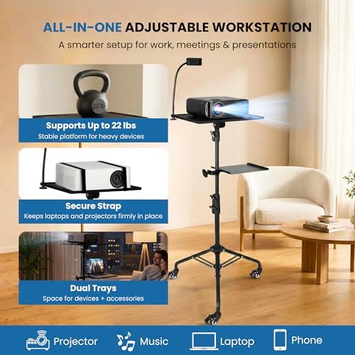 Projector Stand Tripod - 28.7 -54.3 Inch Adjustable Laptop Tripod Stand with Wheels - Dual Tray Portable Laptop Stand with Phone Holder for Office, Home, Stage, DJ Equipment & Outdoor Movies