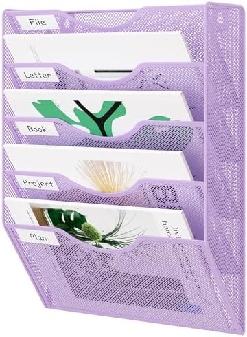 EasyPAG Wall File Organizer 5 Tier Hanging Paper Folder Holder, Zero Assembly Metal Mesh Wall Mounted Mail Organizer for Office Home Classroom Narrow Spaces, Puple