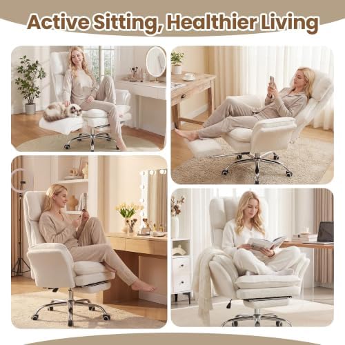 Big and Tall Office Chair with Flip Arms and Footrest, Teddy Criss Cross Legged Home Office Desk Chair with Pet Seat, Comfy Reclining Computer Gaming Chair, White