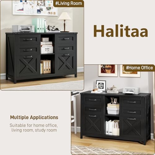 Halitaa Farmhouse Lateral File Cabinet with 6 Drawers, Rustic Black