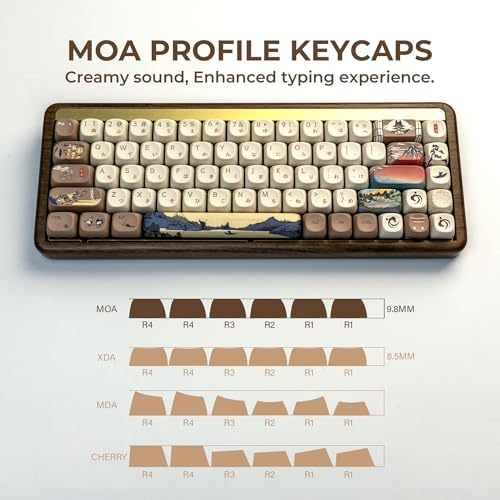 OHY XVX MOA Profile Japanese Fuji Mountain Theme PBT Keycaps Set, 140-Key Coffee & Cream Custom Keycaps for US Layout Mechanical Keyboards (Brown/Beige Design with Key Puller)