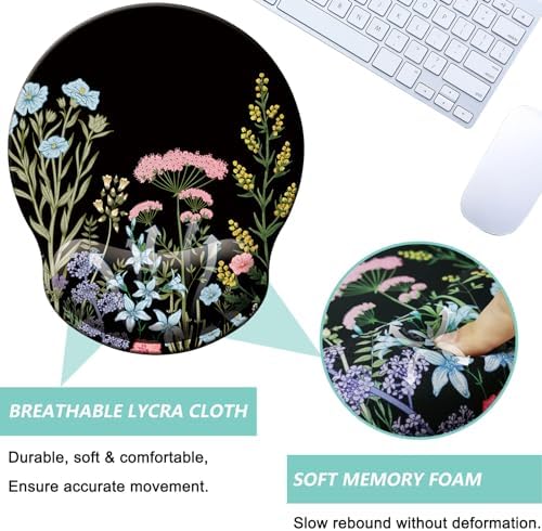 Mouse Pad with Wrist Support, Ergonomic Mouse Pad with Memory Foam Wrist Rest Cushion, Non-Slip Rubber Base Gaming Mice Pad for Home Office Computer Laptop, Flowers Black