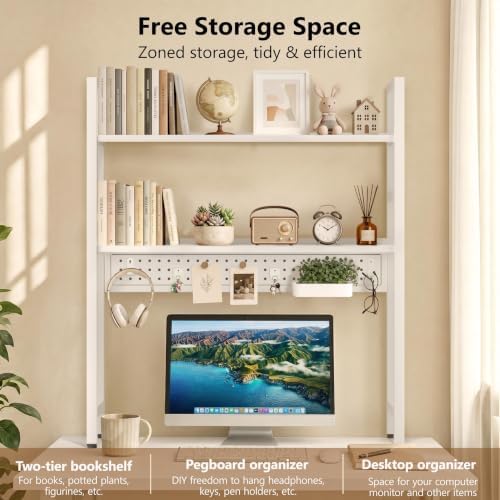 Brakki 2-Tier Desk Shelf, Desk Hutch Bookshelf with Pegboard and Hook Dorm