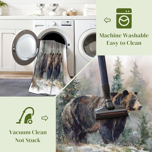 Peaceful Bear by Pine Trees Sunlit Moss Warm Tones Area Rug Outdoor Patio Rug Play Mat Modern Floor Carpet Non-Slip Home Decor Living Room Kids Bedroom Nursery, 6x9 ft