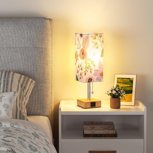 aooshine Flower Small Table Lamp for Bedroom - 3 Color Temperature 3000K 5000K 4000K Bedside Lamp, Pull Chain Control, USB A and C Ports, Bulb Included