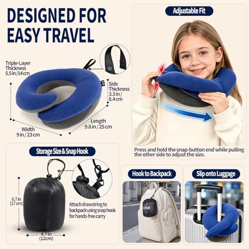 BUYUE Kids Travel Pillows for Airplane, Memory Foam 360° Head Support Sleeping Essentials for Boys Long Flight, Skin-Friendly Soft Neck Pillow for Traveling in Car Seat, (Small, Blue Grey, 40-90 lbs)
