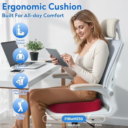 CushZone XL Memory Foam Seat Cushion for Office, Car & Wheelchair, Red